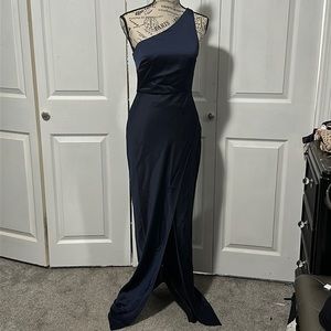 BHLDN Dylan One-Shoulder Satin Side-Slit Gown in "Midnight"